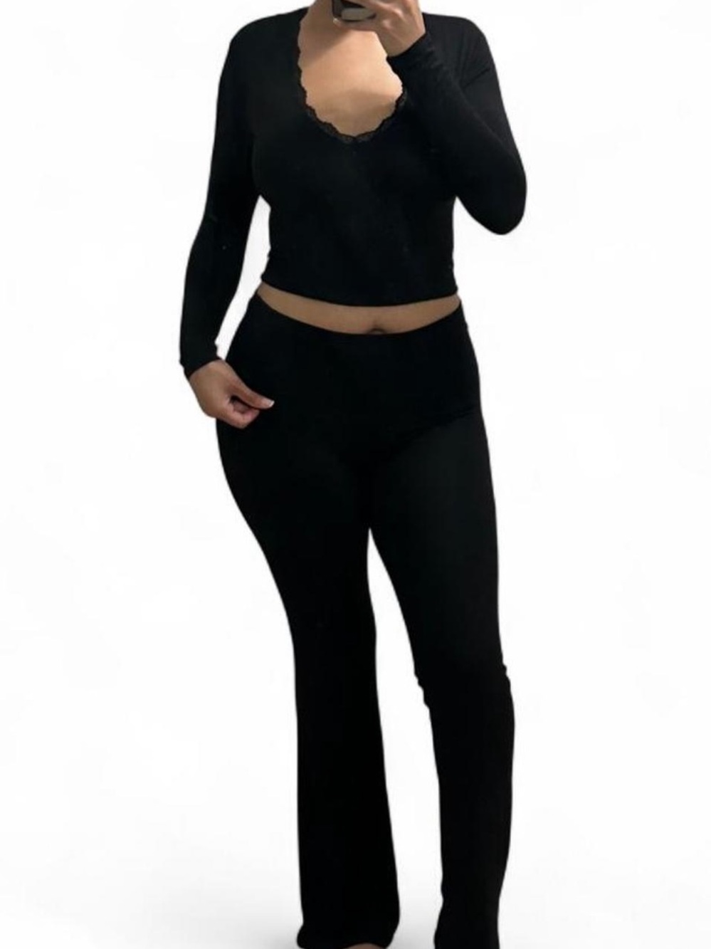 Women’s Black Lace-Trim Long Sleeve Jumpsuit - Picture 2 of 2